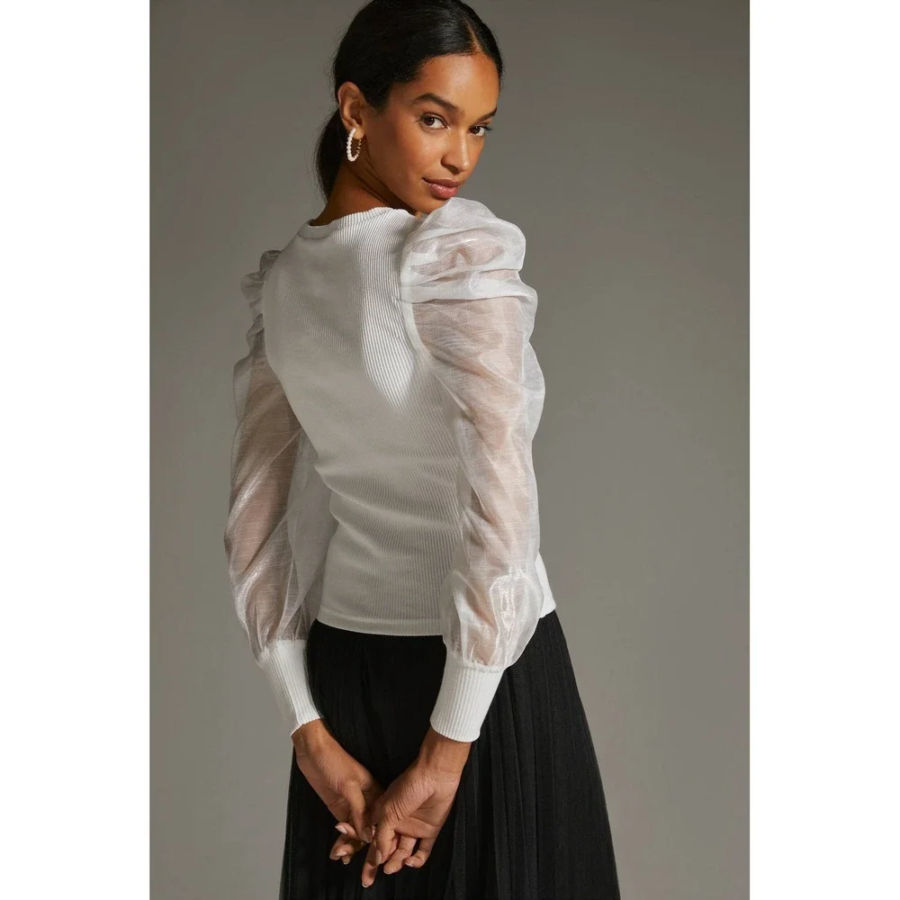DOLAN‎ Puff Sleeve Top Anthropologie White Ruched Sleeves Romantic Size L